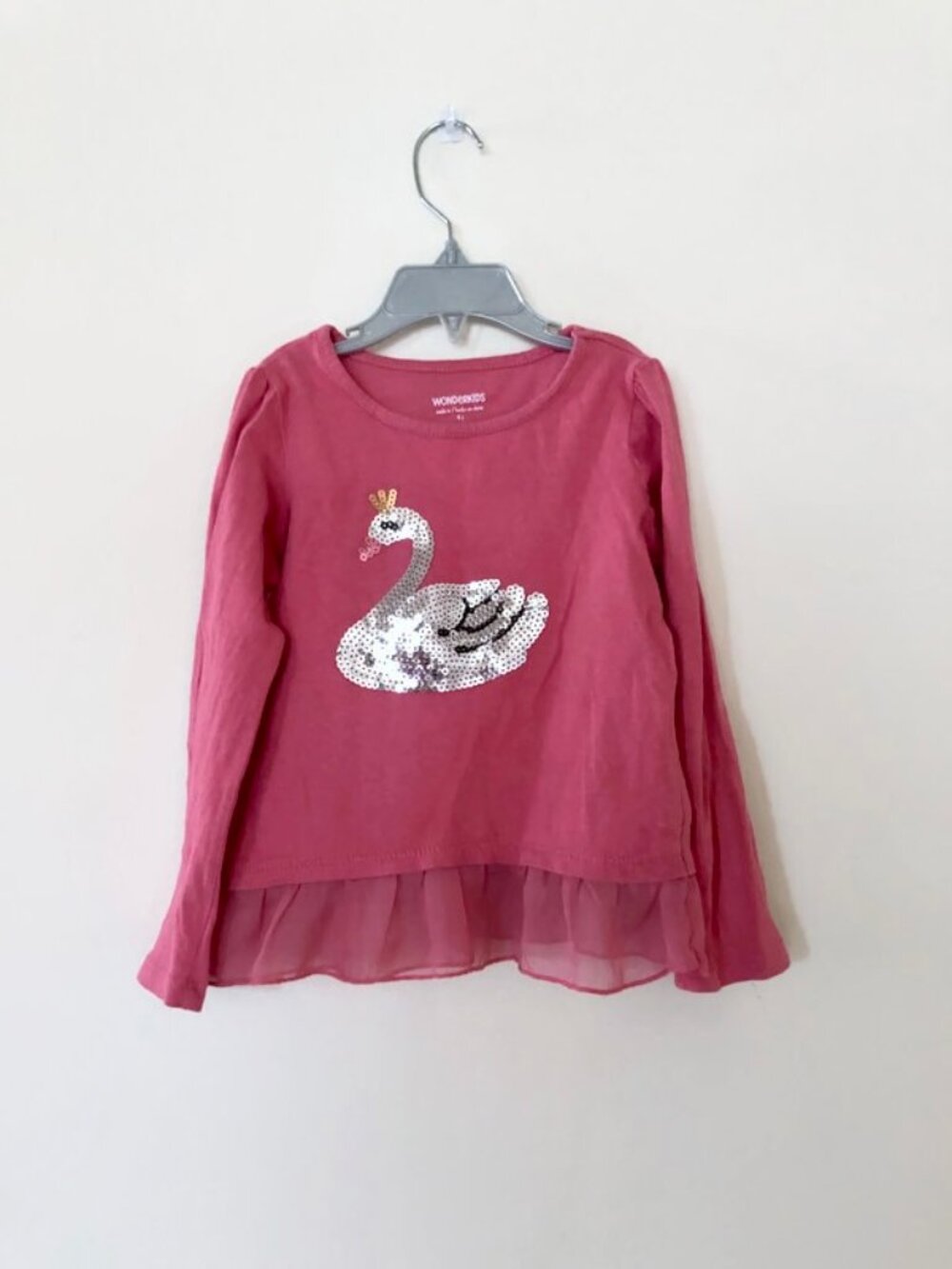 Wonderkids Rose Color Long Sleeve Top With Sequin Swan